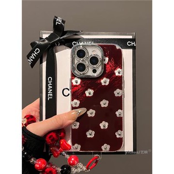 適用蘋果16ProMax手機殼iPhone15pro小眾高級感14plus復古酒紅鏤空花朵銀珠13女款12max鏡頭全包11pm新款2024