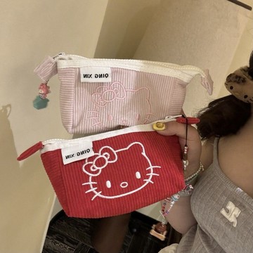 💕 kitty化妝包 化妝袋 化妝包 可愛化妝包 高顏值可愛少女心筆袋 燈芯絨kitty貓大容量包 學生ins文具收納袋