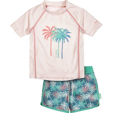 德國PlayShoes 抗UV防曬短袖兩件組兒童泳裝配海灘褲-棕梠樹 - 綠色-134/140