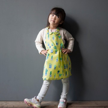 小小仙人掌黃綠色防水畫畫工作圍裙