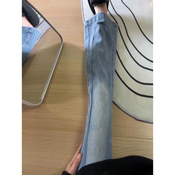 淺藍色微喇直筒牛仔長褲女大碼胖mm早秋裝高腰彈力遮胯顯瘦馬蹄褲