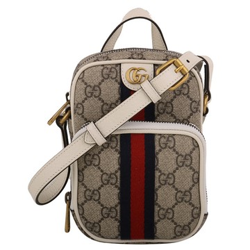 【GUCCI】Ophidia 防刮GG印花斜背手機包(卡其x白)