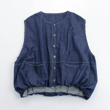 牛仔收褶下擺明線裝飾無袖背心347990