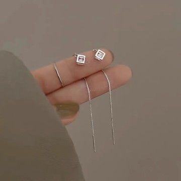 免運💍【鑲女工藝】s925純銀長款魔方耳綫2025年新款網紅簡約時尚ins氣質耳墜顯臉瘦韓國正品設計感輕奢 銀針 耳墜