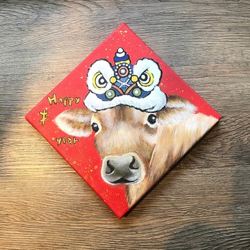 Happy 牛year 創意畫作 油畫 手繪 無框畫 禮物 生日禮物