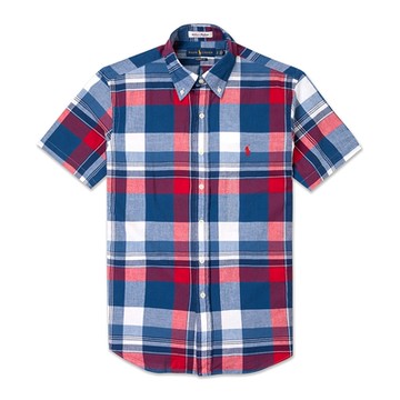 Polo Ralph Lauren 經典刺繡小馬短袖襯衫-深藍紅白格紋色