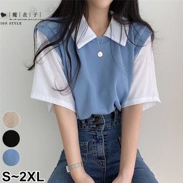 【QV3710】魔衣子-韓范甜心．學院風撞色假兩件翻領寬鬆短袖上衣