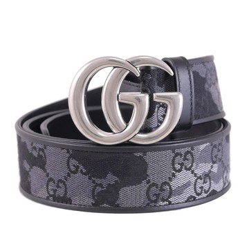 GUCCI 858004 GG Marmont 迷彩GG帆布花紋拼接皮帶.黑灰