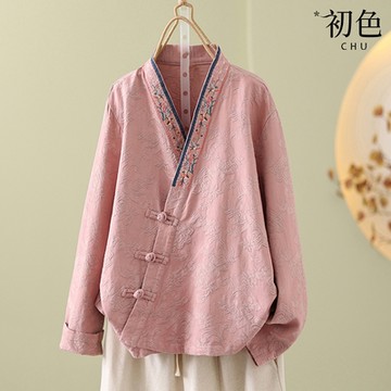 初色 復古風門襟刺繡盤扣V領長袖襯衫T恤上衣女上衣-共4色-37410(M-2XL可選)