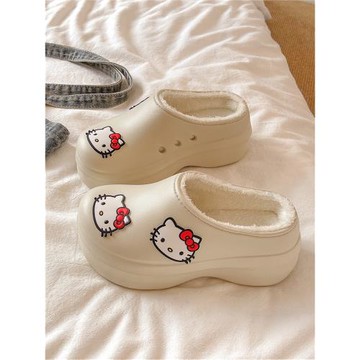 可愛凱蒂貓加絨廚師鞋女2025冬季保暖厚底增高防水外穿懶人毛毛鞋