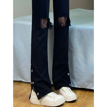 設計感小眾破洞牛仔褲女夏季薄款大碼胖mm高腰寬松直筒顯瘦闊腿褲