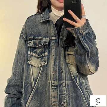 【XL-8XL大尺碼】👩牛仔外套 長袖牛仔 嘻哈風 夾克上衣秋季美式複古潮牌寬鬆磨破水洗做舊牛仔夾克大碼情侶外套男女潮