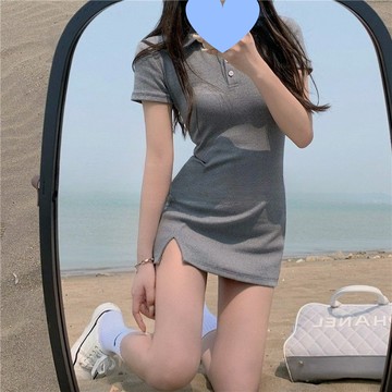 150小個子polo領針織洋裝女145顯高穿搭純慾性感開叉包臀短裙xs