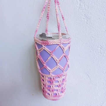 實底格紋網狀編織杯袋 純棉 杯套 飲料袋 杯袋 水壺袋