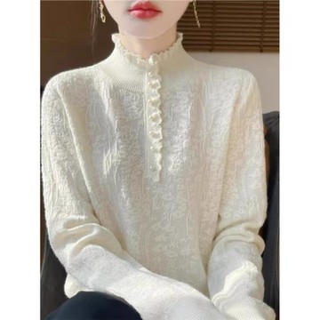 2025冬季新款洋氣優雅木耳花邊半高領打底衫女寬松加厚針織衫毛衣