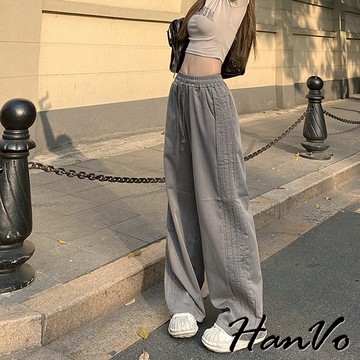 【HanVo】側邊條紋造型休閒長褲 復古鬆緊腰薄款休閒褲 韓系女裝 女生長褲 A04-2633