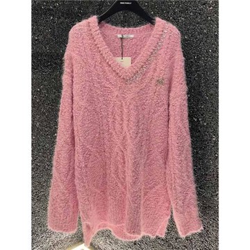 軟糯粉色重工鑲鉆V領毛衣女2025秋冬新款寬松顯瘦針織衫長袖上衣