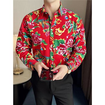 東北大花男士襯衫春秋款網紅爆款潮牌痞帥高級感休閑長袖國風襯衣