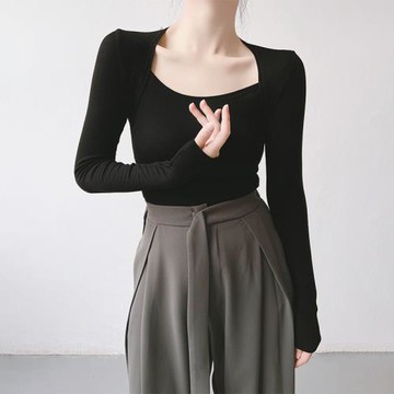 黑色方領純棉針織打底衫女2025年春季新款長袖內搭T恤鎖骨上衣女