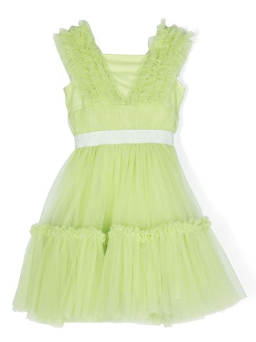 Monnalisa - logo-tape ruffled dress - kids - Polyamide/Cotton - 2 - Green