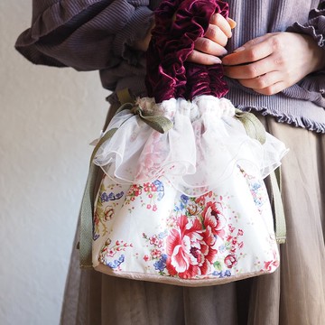 台灣花卉圖案 x 蓬鬆蕾絲 3way 抽繩包（一件作品/免運費）