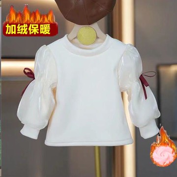 女童打底衫春裝2025新款小女孩網紗泡泡袖洋氣寶寶針織加絨上衣