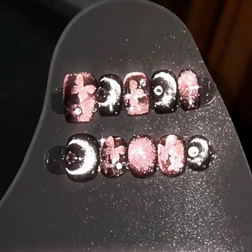 🔥爆火新品🔥【魔法少女】黑粉猫眼小蝴蝶甜酷风纯手工可拆卸穿戴甲光疗甲