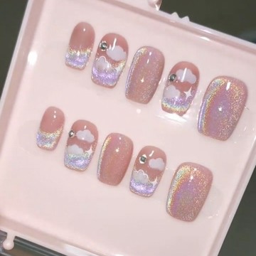 🎀台灣出貨🎀純手工穿戴甲2024新款短款高級貓眼氣質美甲穿戴式彩虹穿戴甲短款