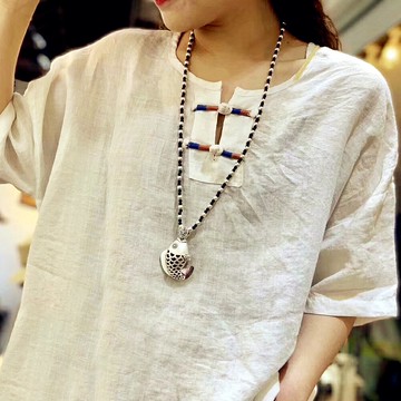 原創文藝簡約百搭民族風項鏈棉麻配飾毛衣鏈掛件復古仿泰銀吊墜女
