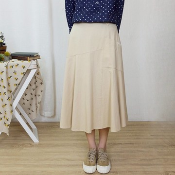 花木馬日系女裝隱形拉鏈後鬆緊不對稱設計氣質長裙