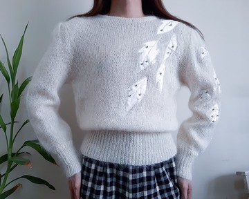 復古白色象牙色泡泡袖針織衫套頭毛衣墊肩尺寸 M-L