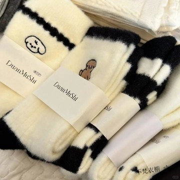 🍂秋冬上新 毛茸茸保暖棉襪女 韓版可愛女襪 襪子女秋冬中筒冬季卡通中筒加絨保暖加厚小狗襪子地板襪可愛提花