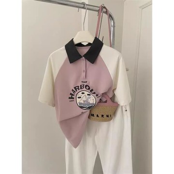 美式復古粉色輪船印花插肩袖撞色POLO領正肩短袖T恤女夏2025新款