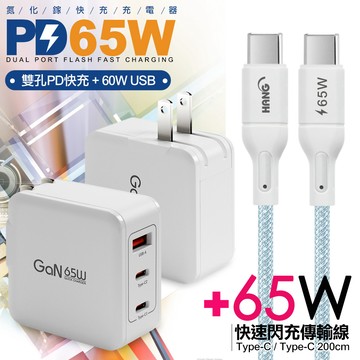 CB 65W GaN 氮化鎵 快速充電器-白+高密編織線Type-C to Type-C充電線-200cm-藍線