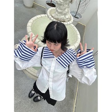 Garish/花里胡哨 設計感海軍領拼接襯衫女時尚小眾修身上衣外套潮