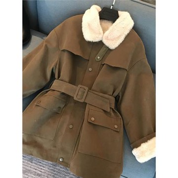 高級感工裝羊羔毛短外套女秋裝新款加絨加厚毛領派克服中長款棉服