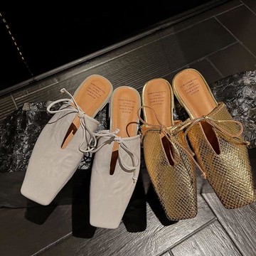 澤西自制 真皮法式金色平底穆勒半拖復古方頭包頭半托涼鞋女夏季