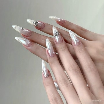 💅限時下殺穿戴甲💅【白月光】婚甲 白色月光粉穿戴甲 閃鑽穿戴甲 高級感穿戴甲 新娘美甲 長款美甲 長橢圓穿戴甲