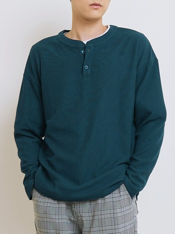 華夫格紋半開襟鈕釦領長袖上衣