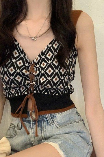 Chubchic~ 100kg大碼胖mm性感復古辣妹風露鎖骨綁帶針織背心裝修身吊帶上衣