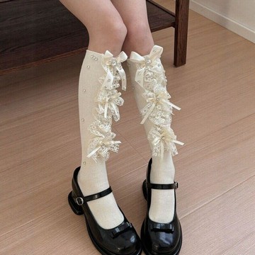 🌷臺灣出貨🌷lolita蕾絲蝴蝶結豎紋小腿襪 水鑽微壓防滑堆堆襪 春秋透氣洛麗塔jk 蕾絲襪 蝴蝶結襪 水鑽襪 防滑堆堆