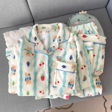 【砂糖夢境】卡通條紋睡衣女加絨法蘭絨套裝秋冬季新款休閒舒適家居服ins外穿