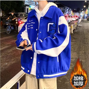 克萊因藍翻領夾克外套男美式高街oversize潮牌刺繡情侶棒球服外套
