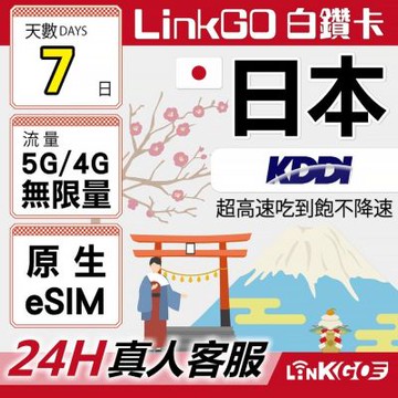 LINKGO白鑽卡 日本原生 eSIM卡 KDDI 7天吃到飽不降速(日本網卡 東京 大阪 福岡 北海道 沖繩)