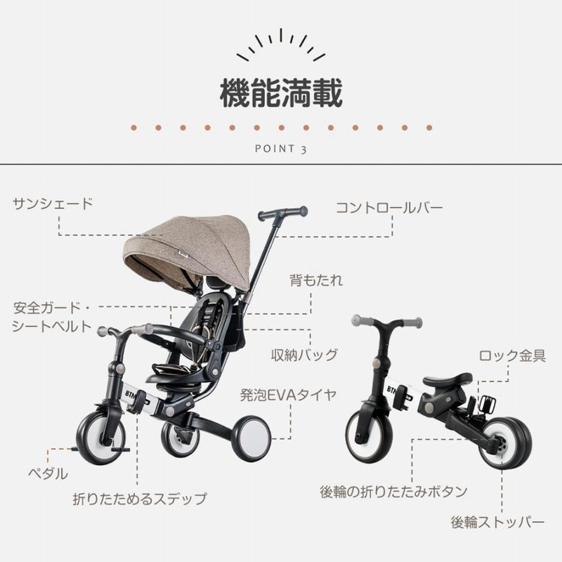 子供用三輪車 折りたたみ 7in1 押し棒付き BTM ランニングバイク