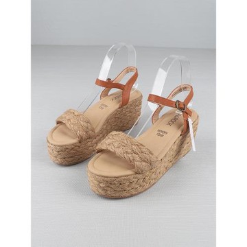 外貿歐美氣質麻繩松糕底中空一字帶擦色皮露趾涼鞋高跟防水臺女鞋