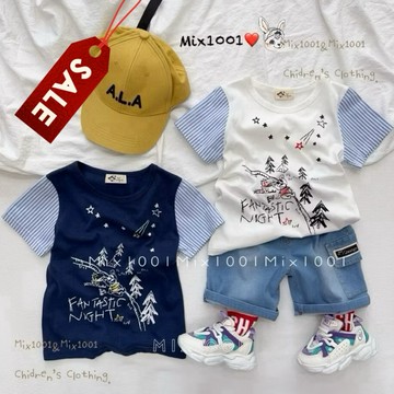 🌈✨mix1001偏合身‼️冒險森林🌳探險熊🐻上衣✨兒童拼袖造型上衣 5-15