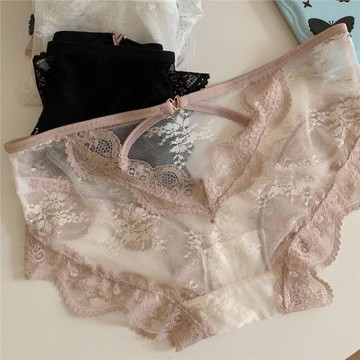 3條裝蕾絲內褲女士薄款蜜桃無痕親膚舒適鏤空透明網紗性感三角褲