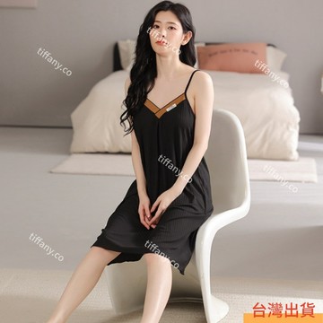 【M-5XL】莫代爾超大碼睡裙女  純色V領吊帶睡裙 時尚無袖吊帶連衣裙 可外穿家居服 純欲性感少女睡裙 女士涼感睡衣