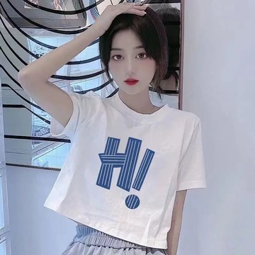 胖胖美依 短版上衣 短袖T卹 印花上衣 簡約 露臍 S-2XL新款T卹印花短版短袖學生設計上衣-6945.